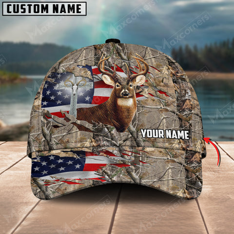 Maxcorners Wilderness Deer Hunting USA Flag Personalized Name 3D Cap