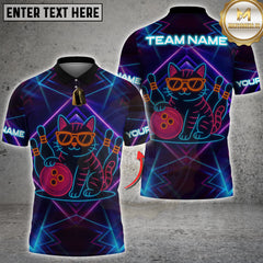 Maxcorners Bowling Cool Cat Neon Style Personalized Name 3D Unisex Shirt