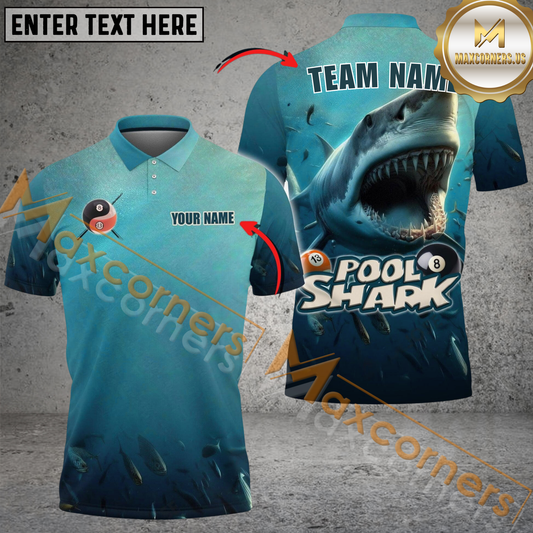 Maxcorners Shark Billiard Jersey Multicolor Options Personalized Name, Team Name 3D Polo Shirt (4 Colors)