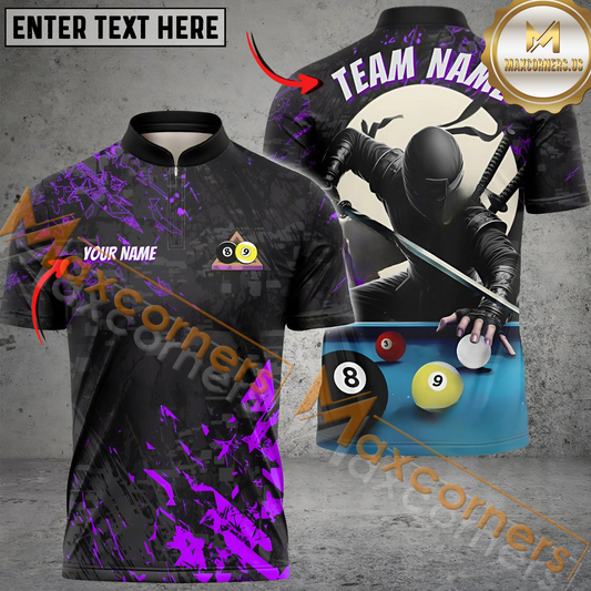 Maxcorners Ninja Billiard Jersey Multicolor Options Personalized Name, Team Name 3D Polo Shirt (4 Colors)