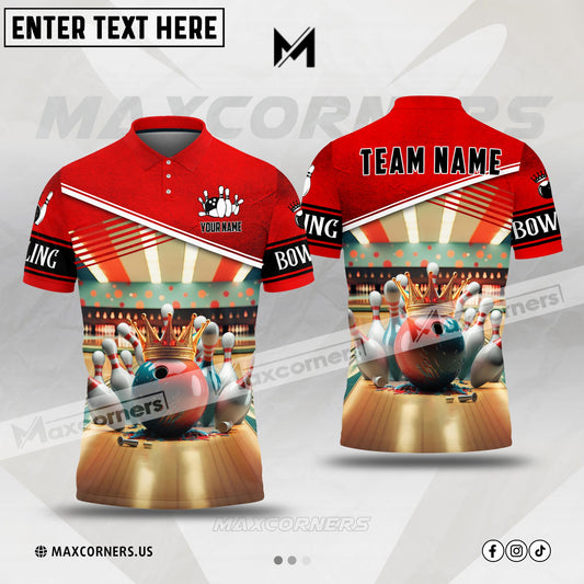 Maxcorners Bowling & Pins Paint Crown Pro Sport Jersey Multicolor Option Customized Name, Team Name 3D Polo Shirt (4 Colors)