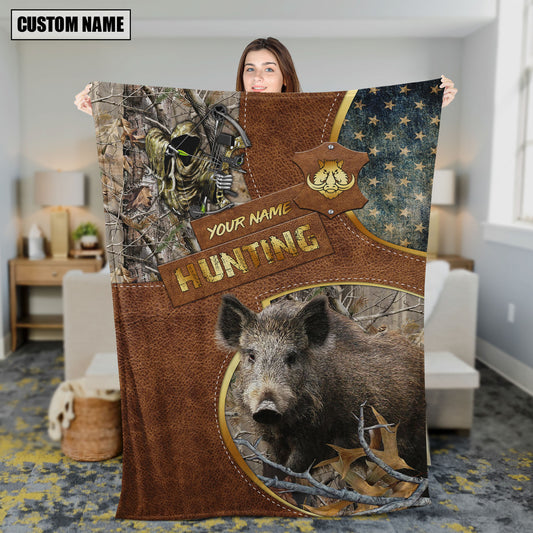 Maxcorners Boar Hunting Leather Texture Cross & American Flag Personalized Name 3D Blanket