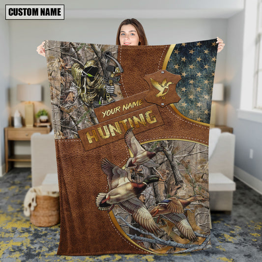 Maxcorners Duck Hunting Leather Texture Cross & American Flag Personalized Name 3D Blanket