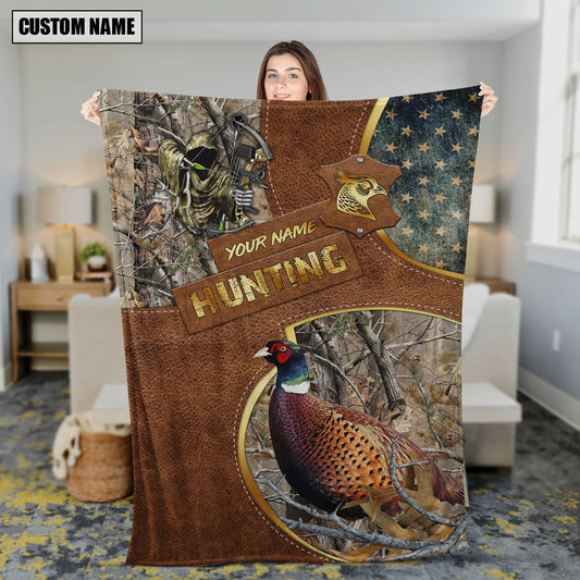 Maxcorners Pheasant Hunting Leather Texture Cross & American Flag Personalized Name 3D Blanket