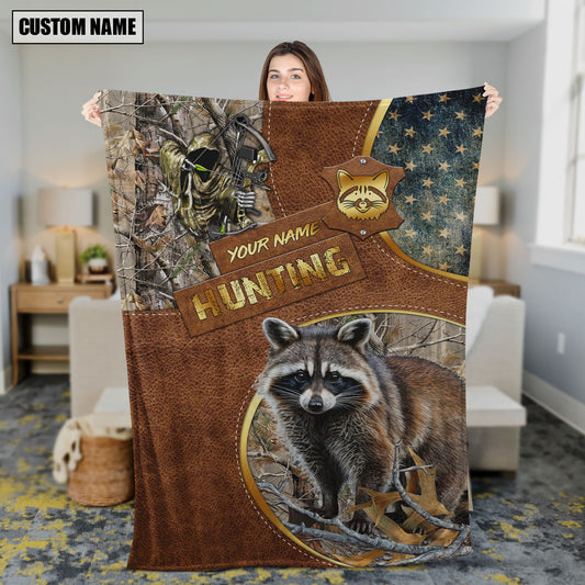 Maxcorners Raccoon Hunting Leather Texture Cross & American Flag Personalized Name 3D Blanket