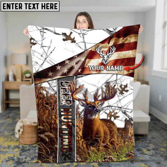 Maxcorners Deer Hunting American Flag Multicolor Personalized Name 3D Blanket