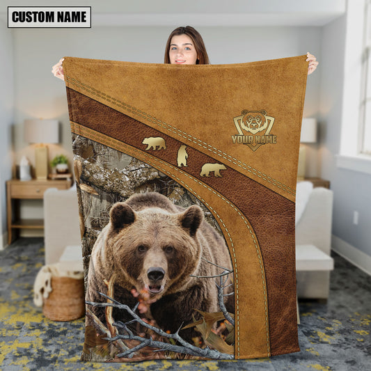 Maxcorners Bear Hunting Leather Stitching Woodland Scene Personalized Name 3D Blanket