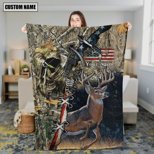 Maxcorners Hunting Deer American Flag Multicolor Personalized Name 3D Blanket
