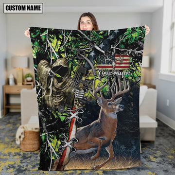 Maxcorners Hunting Deer American Flag Multicolor Personalized Name 3D Blanket