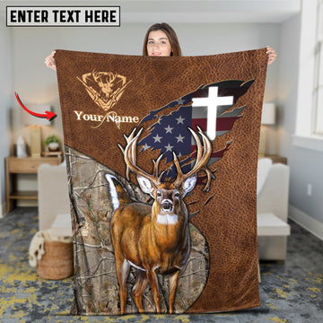 Maxcorners Whitetail Deer Hunting Leather Texture Cross & American Flag Personalized Name 3D Blanket