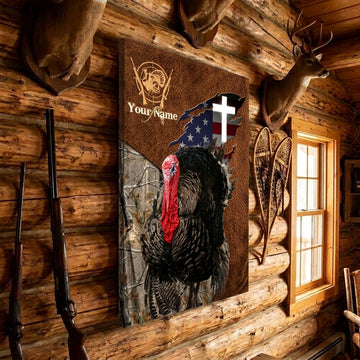 Maxcorners Turkey Hunting American Flag Cross Camo Leather Personalized Name Canvas Wall Art