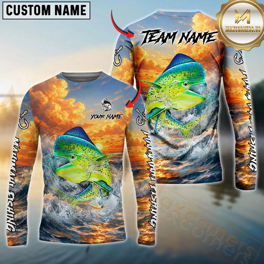 Maxcorners Fishing Ocean Sunset Wave Custom Name & Team Name 3D Shirts