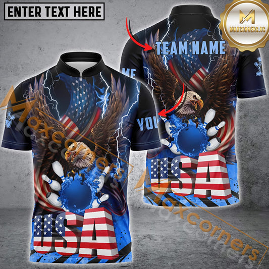 Maxcorners Bowling US Flag Eagle Fire Multicolor Option Customized Name, Team Name 3D Shirt (4 colors)