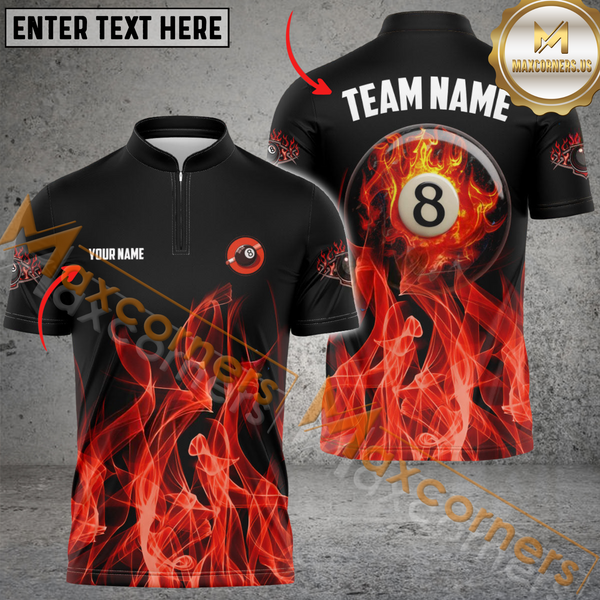Maxcorners Ball 8 Heavenly Flame Billiard Jersey Multicolor Option Personalized Name, Team Name 3D Polo Shirt ( 4 Colors )