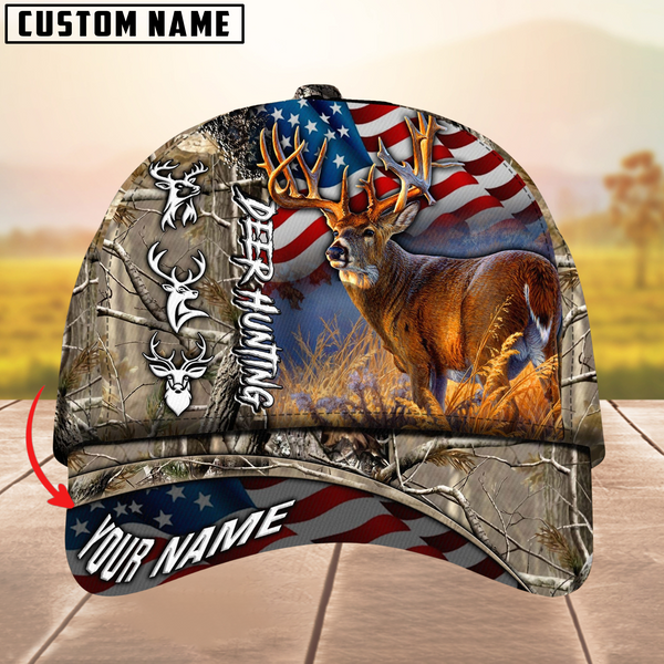 Maxcorners Hagre Zumjyre Deer Hunting American Flag Multicolor Personalized Name 3D Cap