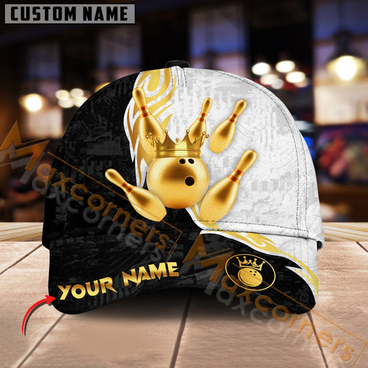 Maxcorners Bowling Ball & Pins Luxury Crown Multicolor Option Personalized Name 3D Cap