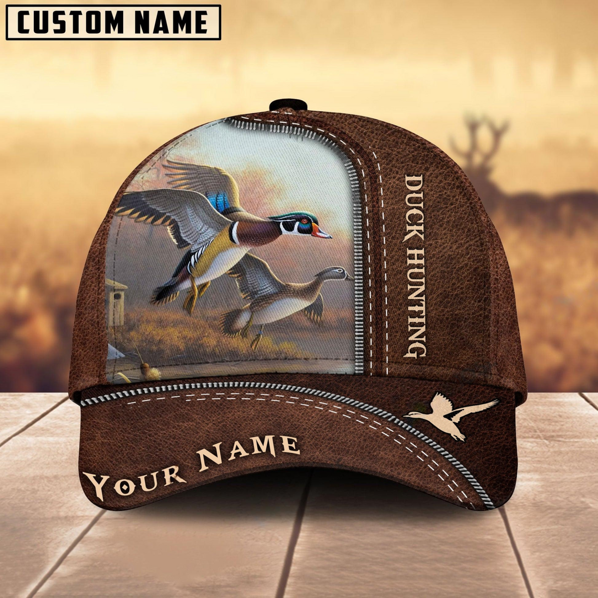 Maxcorners Duck Hunting Brown Leather Pattern Mutilcolored Personalized Name 3D Cap