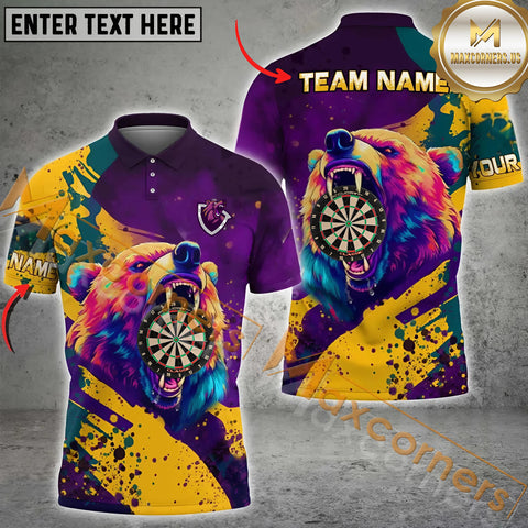 Maxcorners Darts Bear Color Customized Name, Team Name 3D Polo Shirt