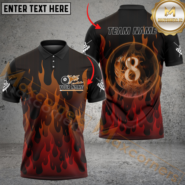 Maxcorners Ball 8 Burning Fire Flame Billiard Jersey Multicolor Option Personalized Name, Team Name 3D Polo Shirt