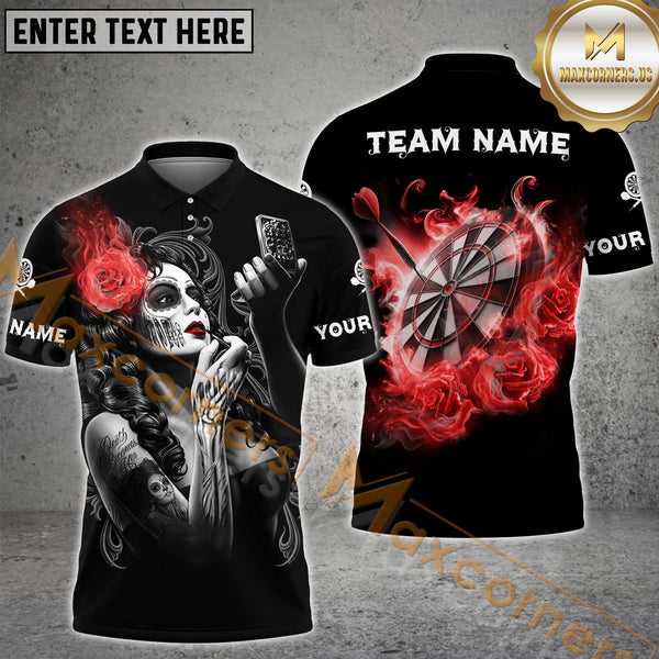 Maxcorners Darts Fiery Lady Skull Art Multicolor Option Customized Name, Team Name 3D Polo Shirt