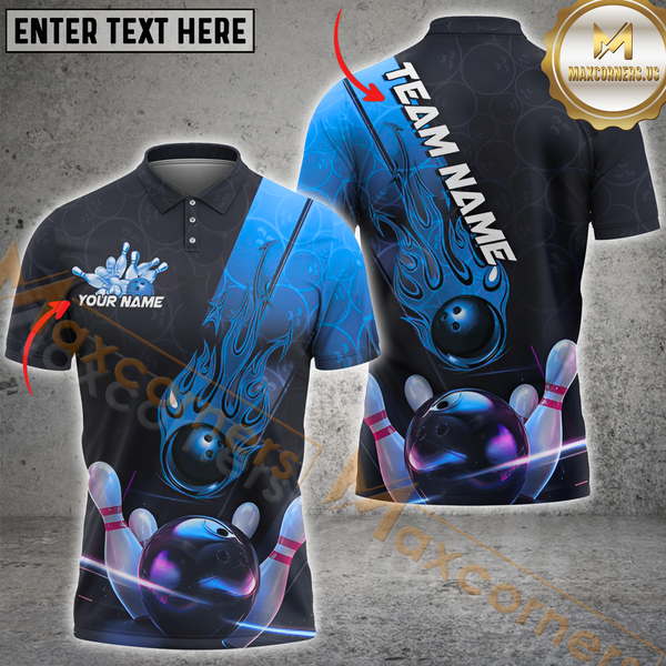 Maxcorners Bowling Flaming Strike Multicolor Options Personalized Name, Team Name 3D Shirt