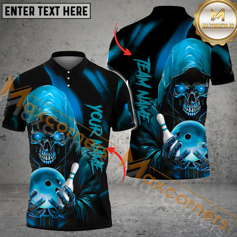 Maxcorners Skull Bowling Jersey Multicolor Customized Name, Team Name 3D Polo Shirt