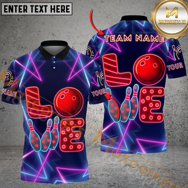 Maxcorners Bowling LOVE with pins and ball in neon design Personalized Name 3D Unisex Shirt