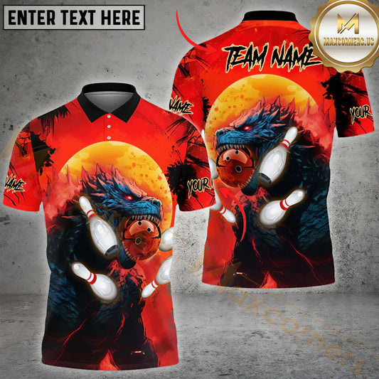 Maxcorners Bowling Gozilla Multicolor Customized Name, Team Name 3D Polo Shirt