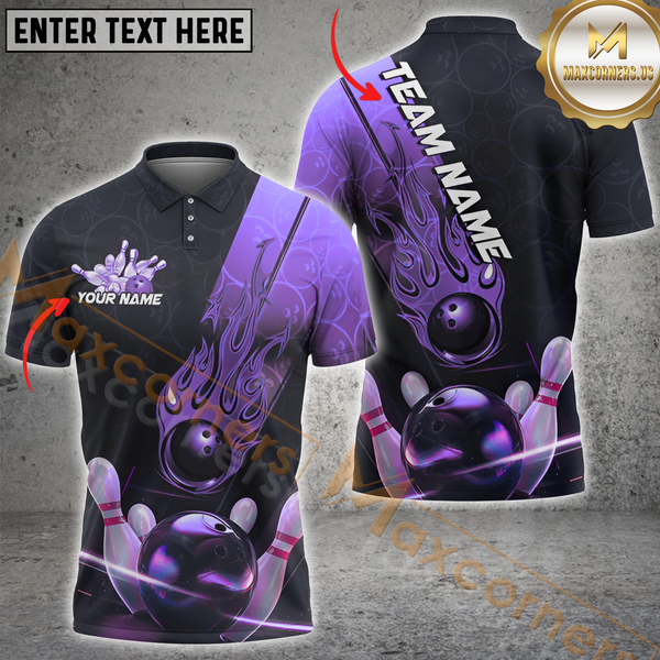 Maxcorners Bowling Flaming Strike Multicolor Options Personalized Name, Team Name 3D Shirt