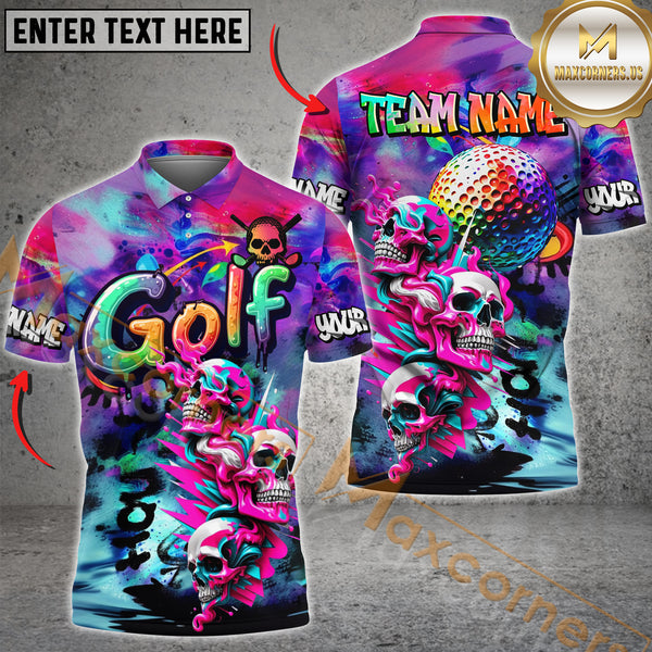 Maxcorners Golf Skull Neon Graffiti  Personalized Name, Team Name 3D Shirt