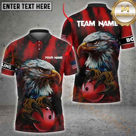 Maxcorners Bowling Patriotic Eagle Multicolor Option Customized Name, Team Name 3D Polo Shirt