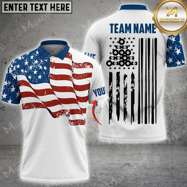 Maxcorners Ball USA Flag Champion Pattern Billiard Jersey Personalized Name, Team Name 3D Shirt