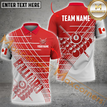 Maxcorners Canadian Flag Billiard Jersey Customized Name, Team Name 3D Polo Shirt