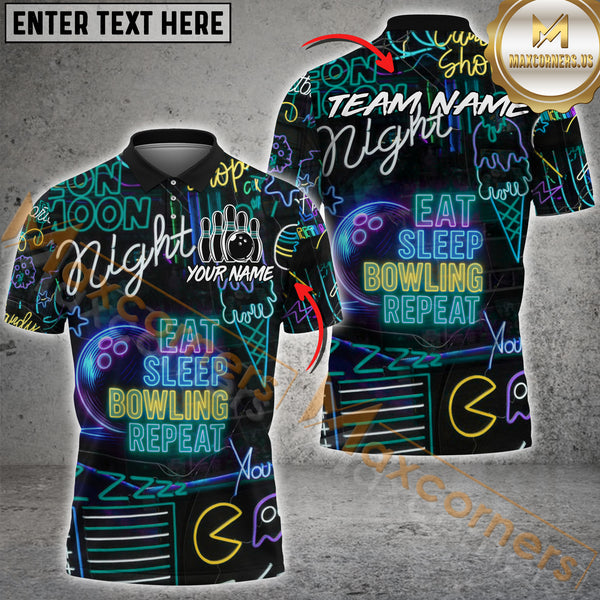 Maxcorners Bowling Eat Sleep Bowl Repeat Neon Style Multicolor Customized Name, Team Name 3D Shirts