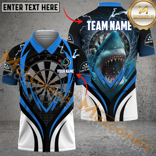 MaxCorners Darts Shark Customized Name, Team Name 3D Polo Shirt