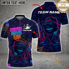 Maxcorners Neon Bowling Shirt - Never Give Up Multicolor Customized Name, Team Name 3D Shirts