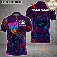 Maxcorners Neon Bowling Shirt - Never Give Up Multicolor Customized Name, Team Name 3D Shirts