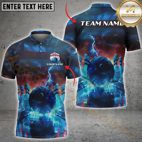 Maxcorners Bowling Lightning American Flag Customized Name, Team Name 3D Shirt