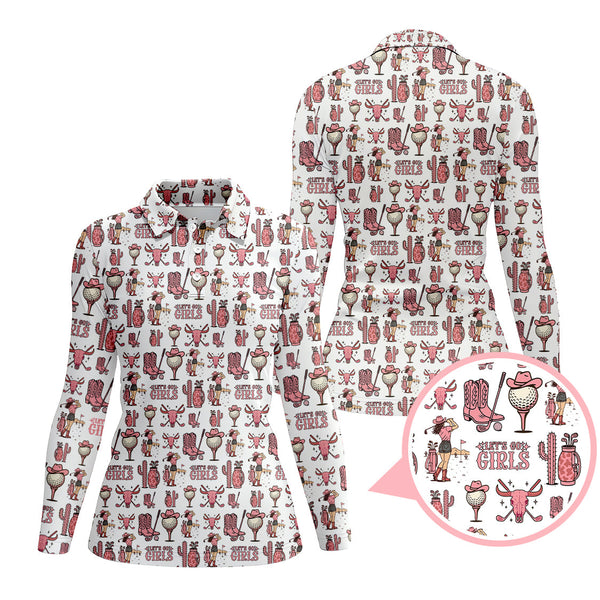 Maxcorners Let’s Go Girls Golf Pattern Shirt, Western Cowgirl Golf Polos For Golfers, Funny Golf Shirts For Women's
