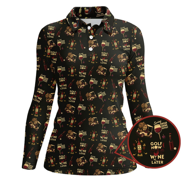 Maxcorners Wine Golf Shirt, Funny Ladies Golf Shirt, Wine And Golf Cart Pattern Polos