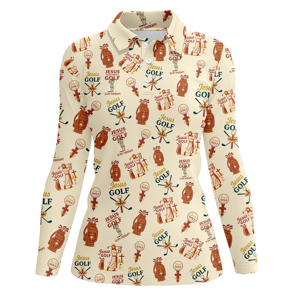 Maxcorners Jesus And Golf Is My Therapy Shirt, Pattern Golf Shirt, Jesus Golf Polos For Men