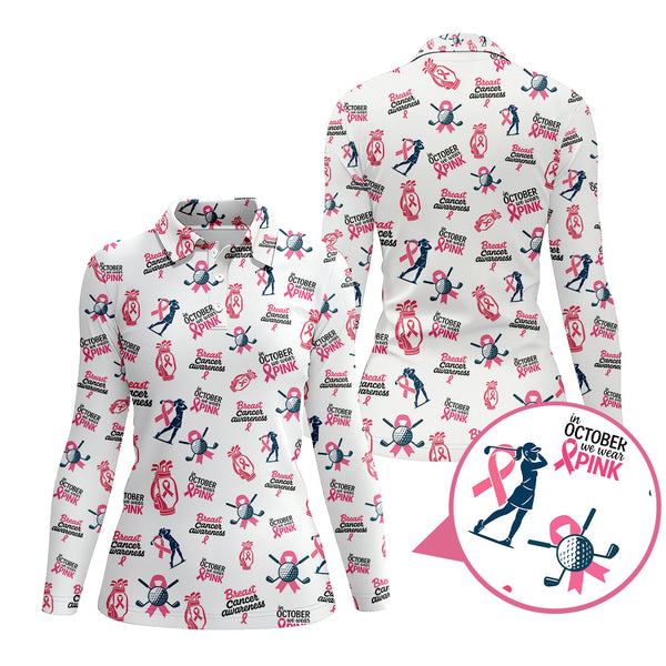 Breast Cancer Golf Shirt, In October We Wear Pink Shirts, Pattern Golf Polos For Women's