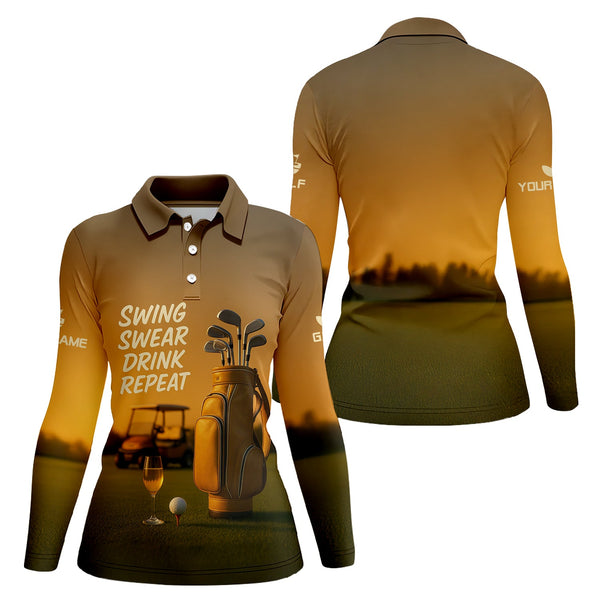 Maxcorners Swing Swear Drink Repeat Golf Wine Polos, Yellow Golf Shirt, Funny Golf Shirts For Golfers
