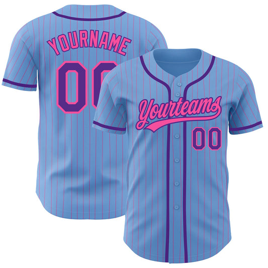 Maxcorners Custom Light Blue Pink Pinstripe Purple Authentic Baseball Jersey LM2605