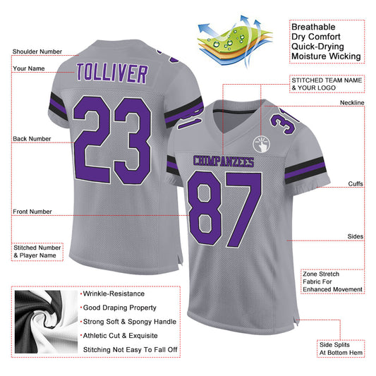 Maxcorners Custom Light Gray Purple-Black Mesh Authentic Football Jersey LM2605