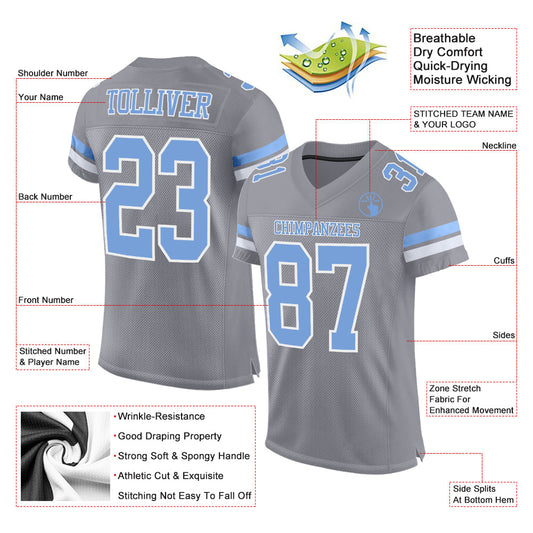 Maxcorners Custom Light Gray Light Blue-White Mesh Authentic Football Jersey LM2605
