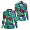 Maxcorners Blue Green Retro Flower Power Golf Shirt, Women’s Golf Polo, Hawaiian Golf Shirt, Golf Tops For Women LM1507