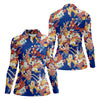 Maxcorners Royal Blue Japanese Floral Pattern Golf Shirt, Women’s Golf Polo, Ladies Golf Tops LM1507