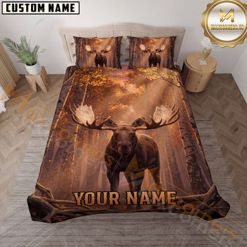 Maxcorners Moose Hunting Forest Sunset Personalized Name 3D Bedding Set