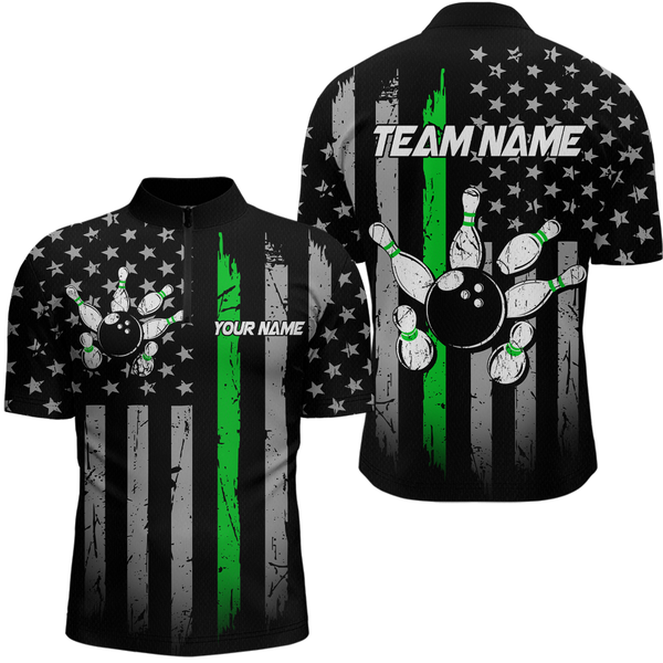 Maxcorners Us Green Flag Bowling Shirt For Men Custom Name Polo & Quarter-Zip Bowling Jersey Bowling Team Shirt